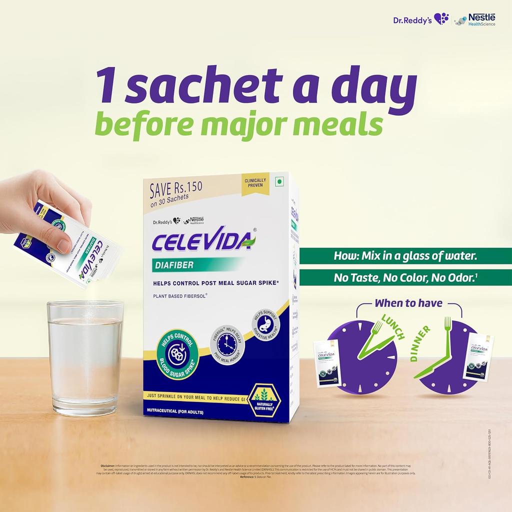 Celevida Diafiber Diabetes Care Supplement | 100% Plant-Based Fibersol for Post Meal Sugar Control | 360g, 30 Sachets Pack of 1