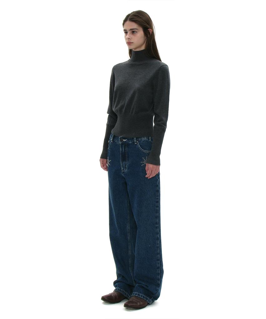 PARTIMENTO WOMEN Pwc High-Neck Back Button-Up Knit Top_Charcoal Melange