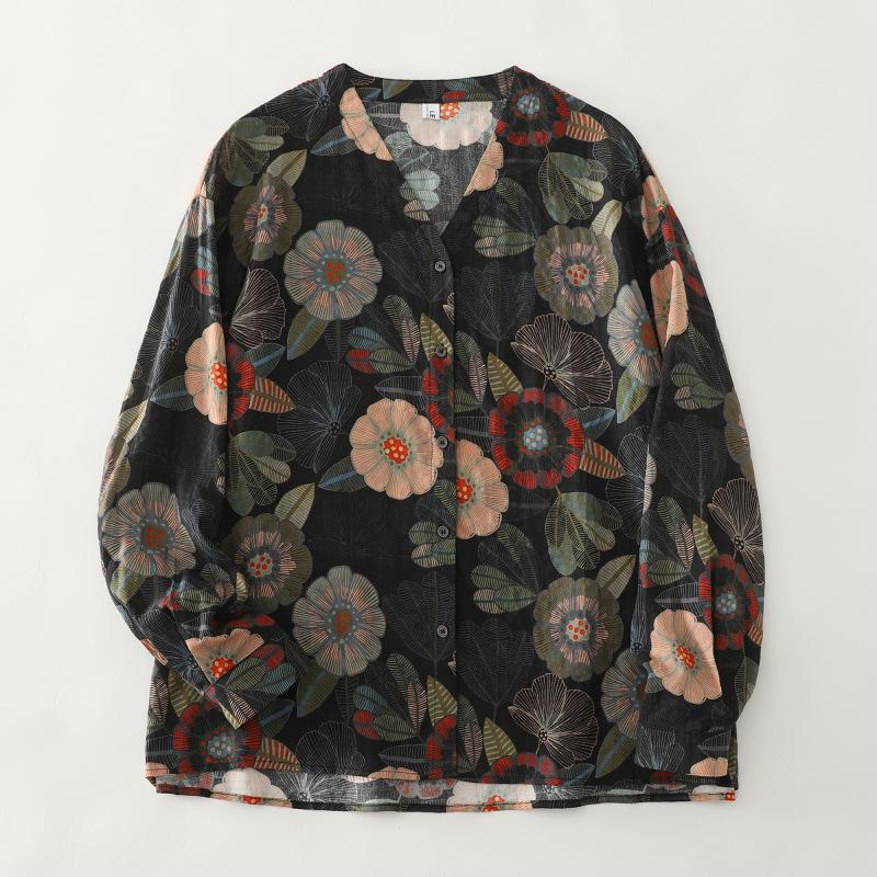Autumn 2025 Artistic Retro Floral V-Neck Shirt: Cotton Linen, Age-Reducing, Plus Size, Casual