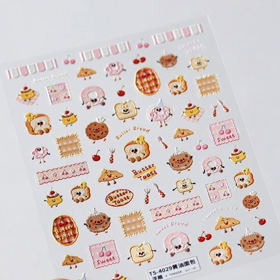 Butterbread 3D Embossed Cake Nail Art Stickers - Cute, Glue-Free DIY Decoration