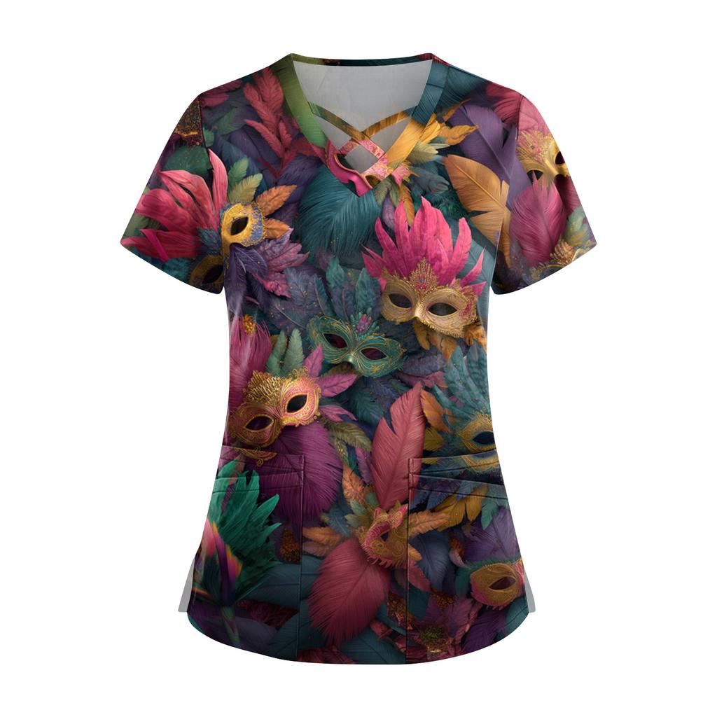 Dam Kortärmad Stagger V-ringad Tryck Ficka Torr-Topp