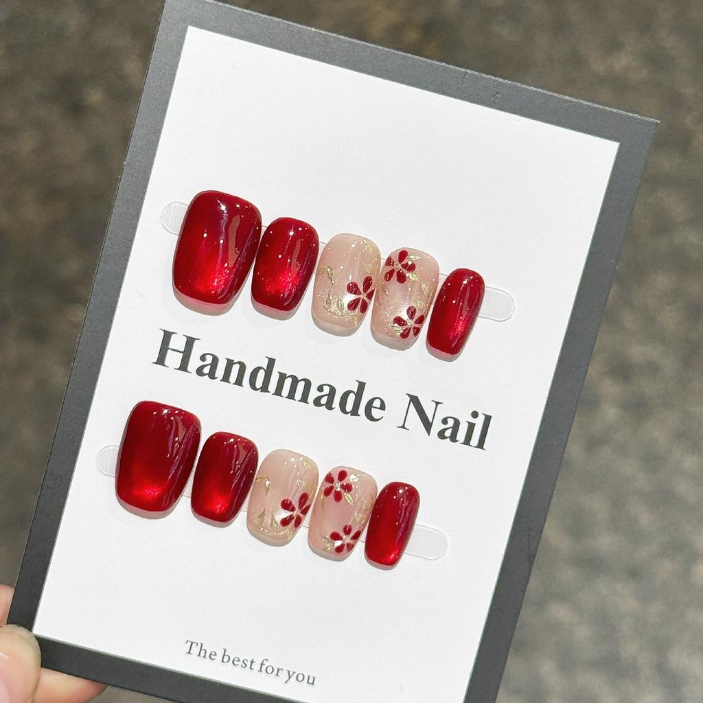 10pcs Handmade Ruby Cat Eye Press On Nails Sparkly Glitter Rose Flower False Nails Elegant Nail Art For Women