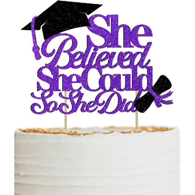She Believed She Could So She Did Cake Topper for Graduation Decorations, 2025 Graduation Cake Topper, Congrats Grad 2025 Party Supplies (Gold)