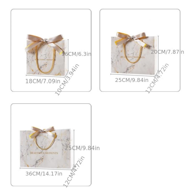 3pcsMarble Pattern Gift Bag Birthday Festival Party White Storage Tote Bag Gold Ribbon Baking Gift Packaging Paper Bag