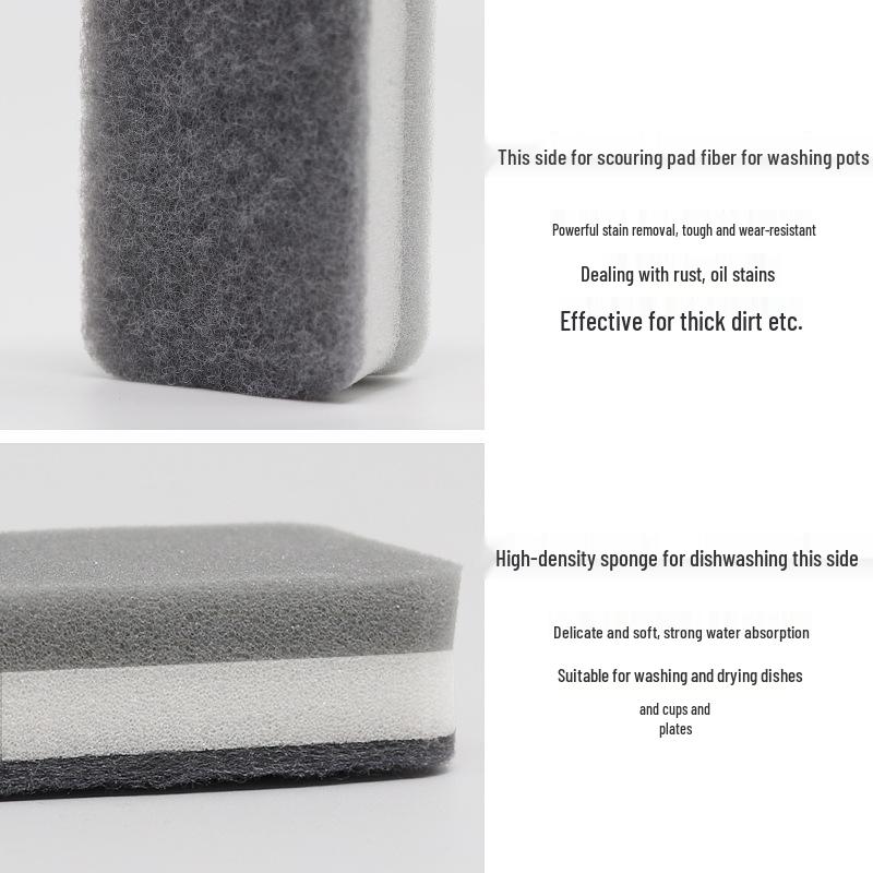Grey Double-Sided Sponge Scourer for Kitchen & Dishwashing: Three-Layer Pot Scrubber