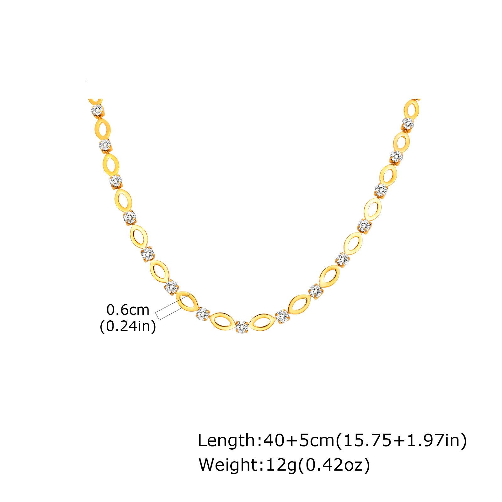 18K Gold Plated Stainless Steel Rhinestone Hollow Oval Handmade Chain Necklace, Luxury Sparkling Jewelry Women 2261