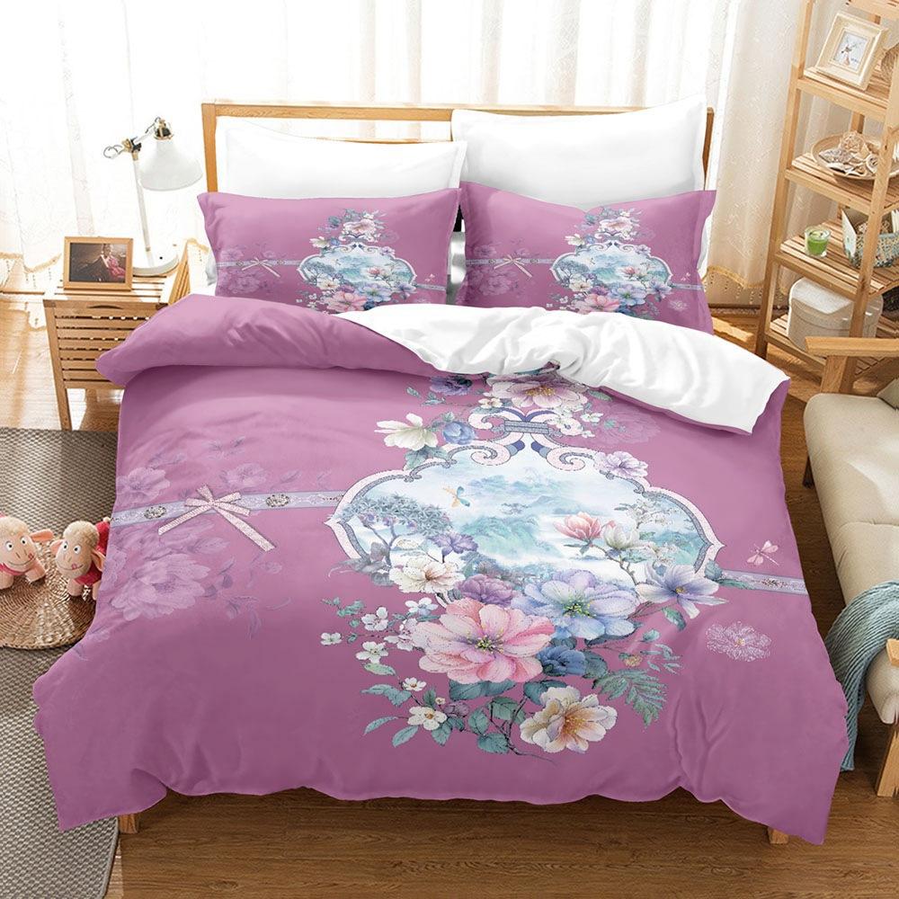 Vintage Court Print Bettbezug, Digitaldruck Blume Feder Dreiteiliges Set