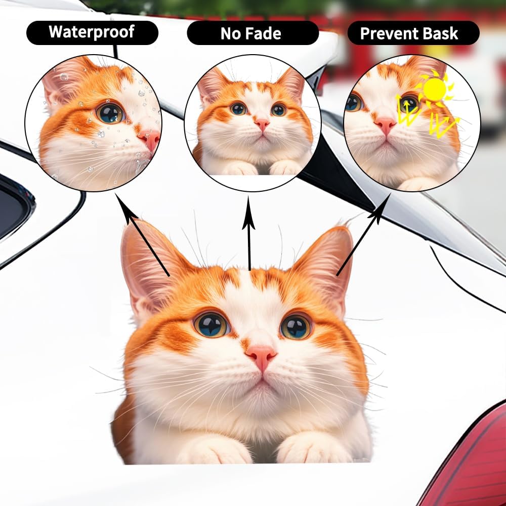 Cat Car Window Decals Funny 3D Waterproof Decals,Orange Cat Stickers,PVC Realistic Automotive Sticker, for Refrigerator,Toilet, Wall.Bathroom,1pcs