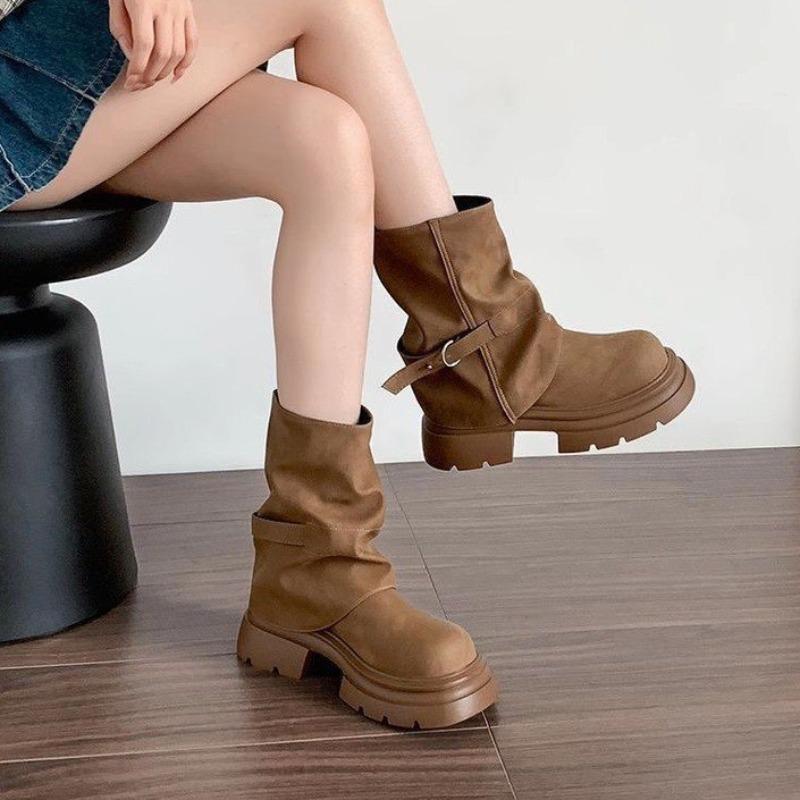 Height-increasing platform Martin boots women's autumn new fashion retro thick heel brown stacking boots short trouser boots