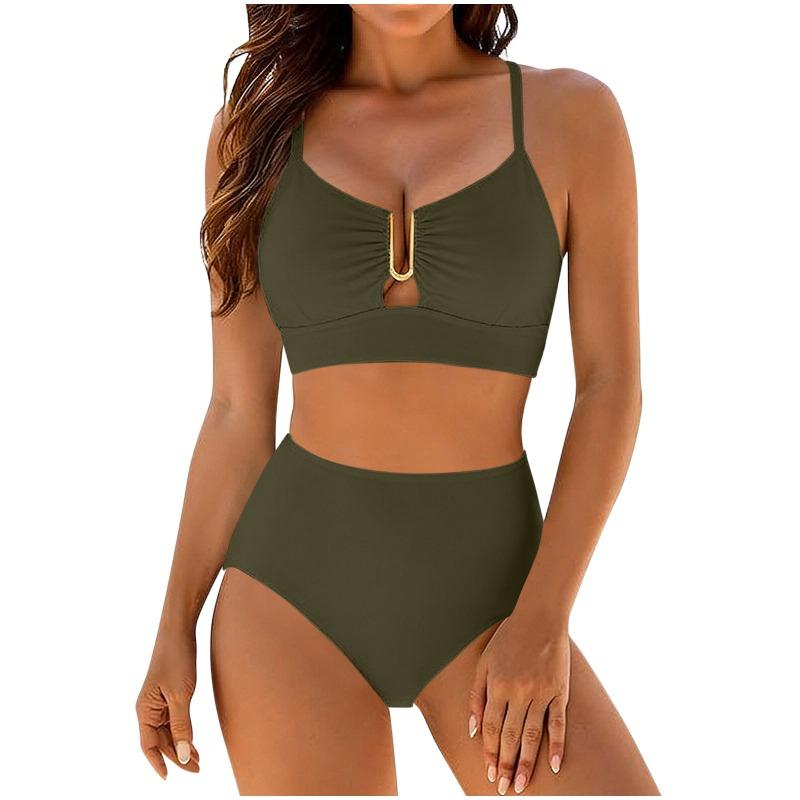 Women's Pink Metal Accent High-Waist Two-Piece Bikini Swimsuit