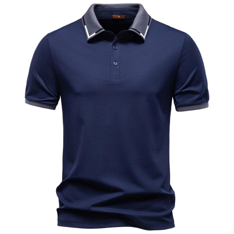 Men Short Sleeve Contrast Collar Polo Shirt Navy Blue Casual Business Top S темно-синий