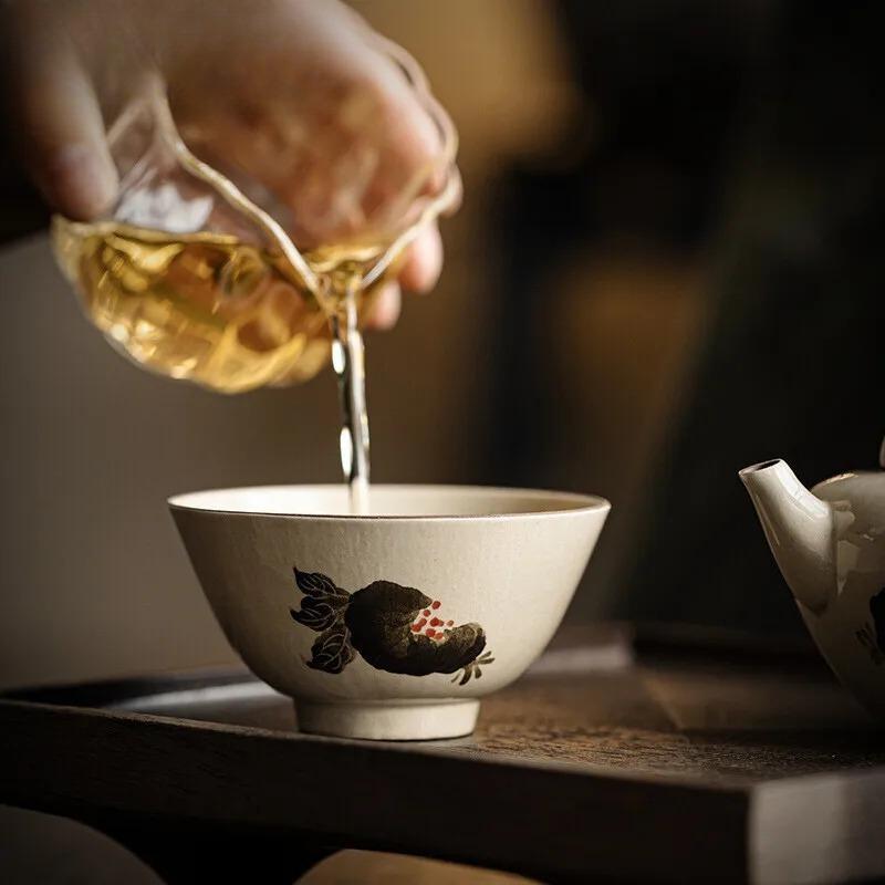 100ml Hand-painted Pomegranate Tea Cup Underglaze Color Master Single Cup Powder Yin Mug Coarse Tasting Tea Bowl Kung Fu Teaset