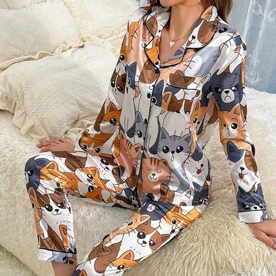 Pijama Lindo con Estampado de Gato para Mujer Satén Manga Larga Solapa Tops Pantalones Pijama Ropa de Dormir para Otoño Ropa de Dormir para Damas