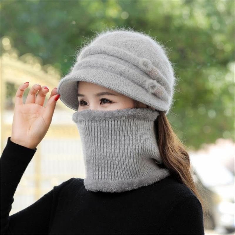 Women Winter Hat Keep Warm Cap Add Fur Lined CAPS And Scarf Set Warm For Female Casual Rabbit Fur Winter Knitted Bonnet