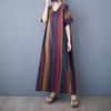 Summer Thin Cotton Linen Print V-neck Loose Oversized Simple Casual Vacation Style Medium Long Dress for Women Dresses