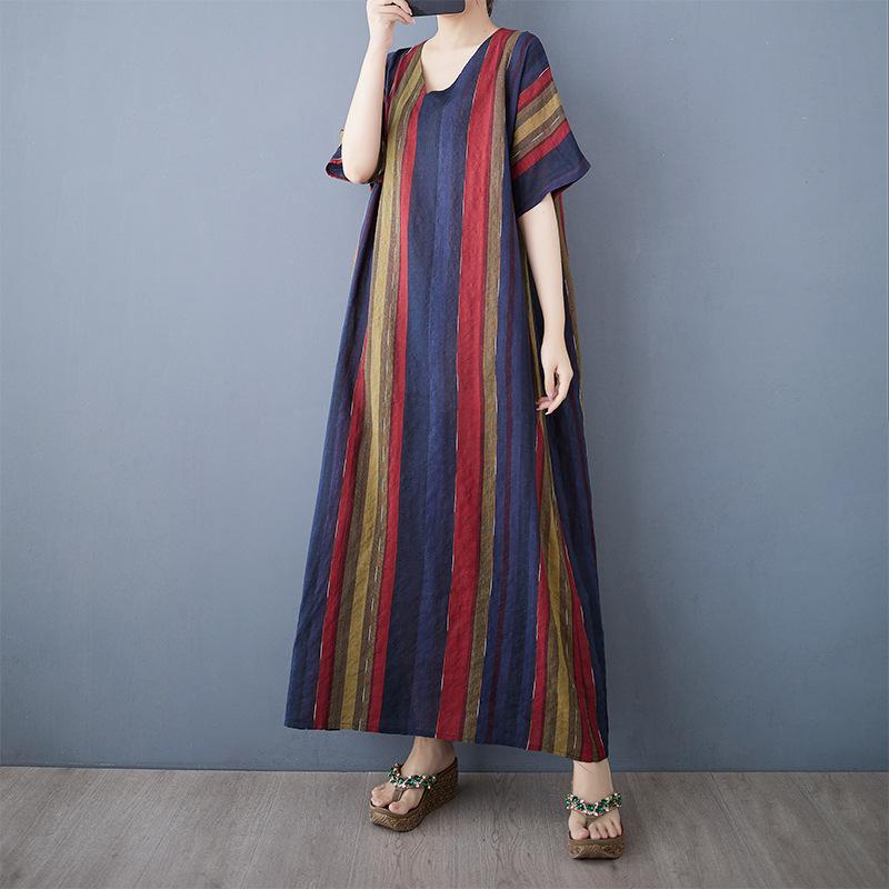 Summer Thin Cotton Linen Print V-neck Loose Oversized Simple Casual Vacation Style Medium Long Dress for Women Dresses