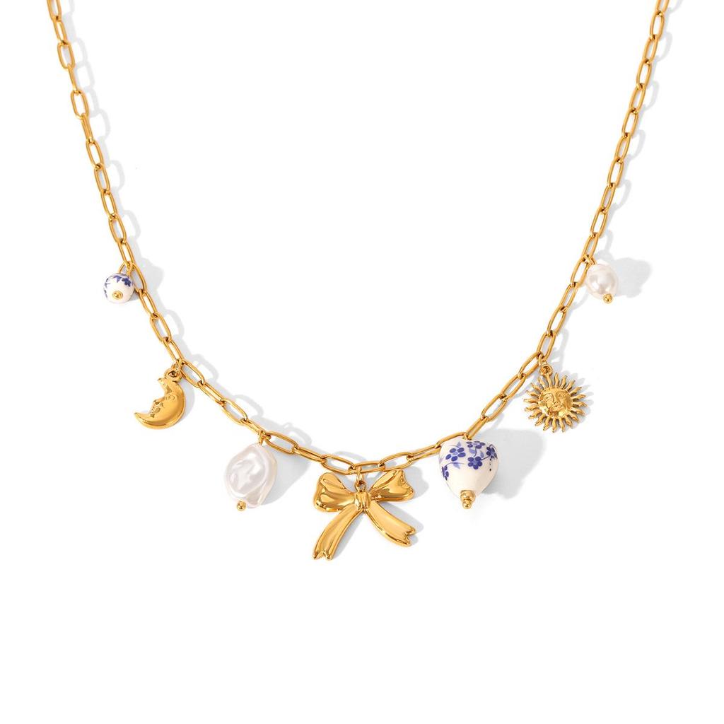 High-End Stainless Steel Sun & Bow Heart Pendant Necklace for Women