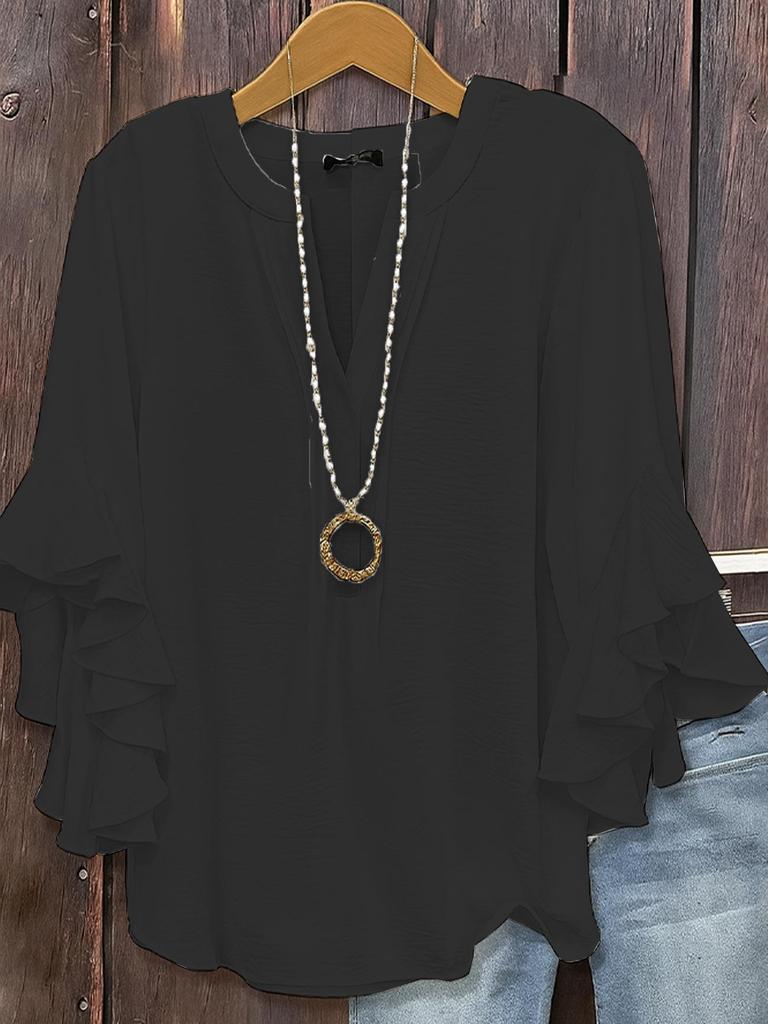 Women's V-Neck Bell Sleeve Top with Bow Detail In Multiple Colors