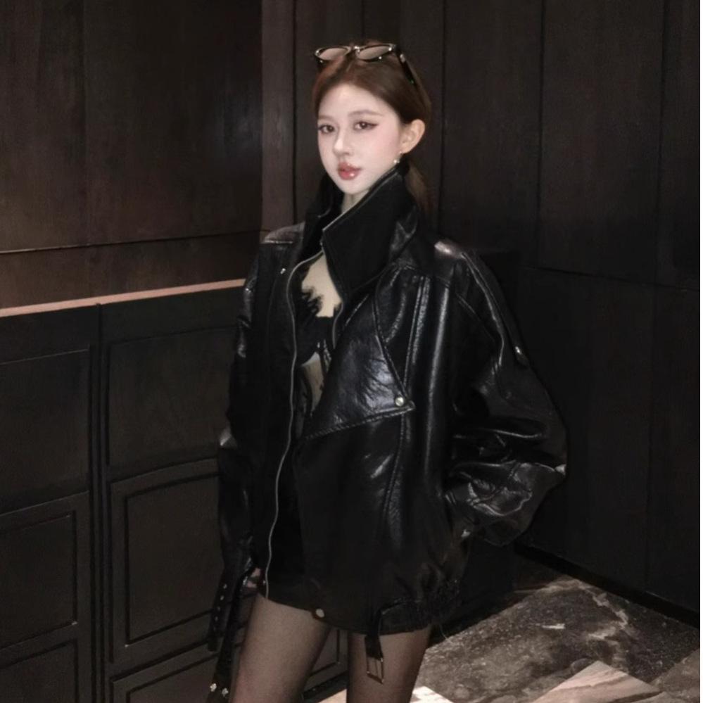 European retro leather jacket women's early autumn new design pu jacket locomotive jacket top