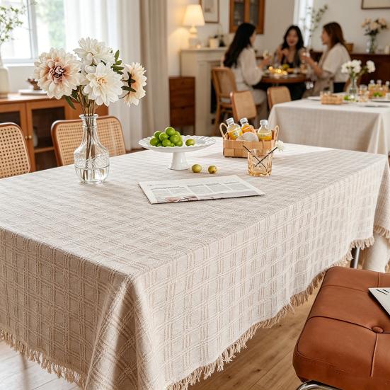 French Grid Tablecloth, Checkered Woven Table Cover for Dining Table, Rectangular Round Desk Mat for Coffee Table Nightstand, Home Decor