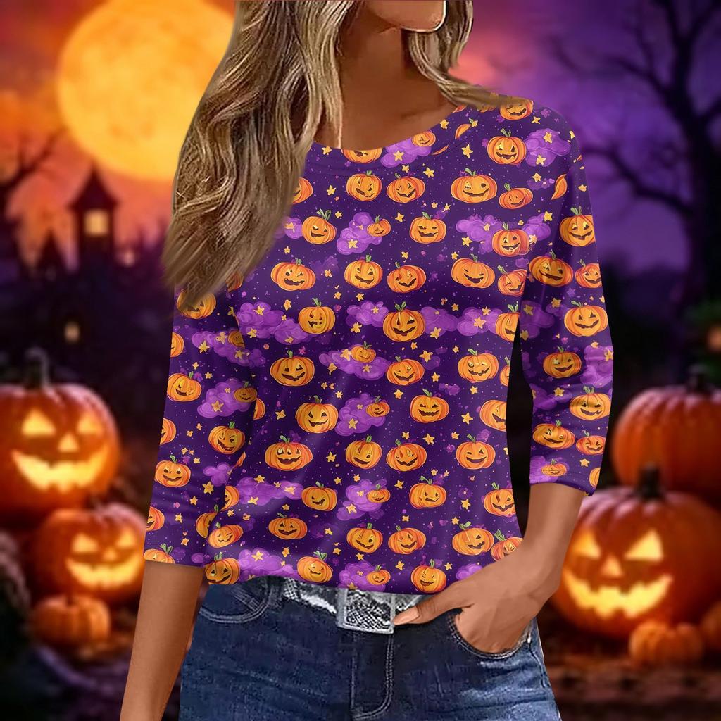 Women 3/4 Sleeve Loose Fit Casual Halloween Print T Shirt Round Neck Pullover Top for Autumn and Spring
