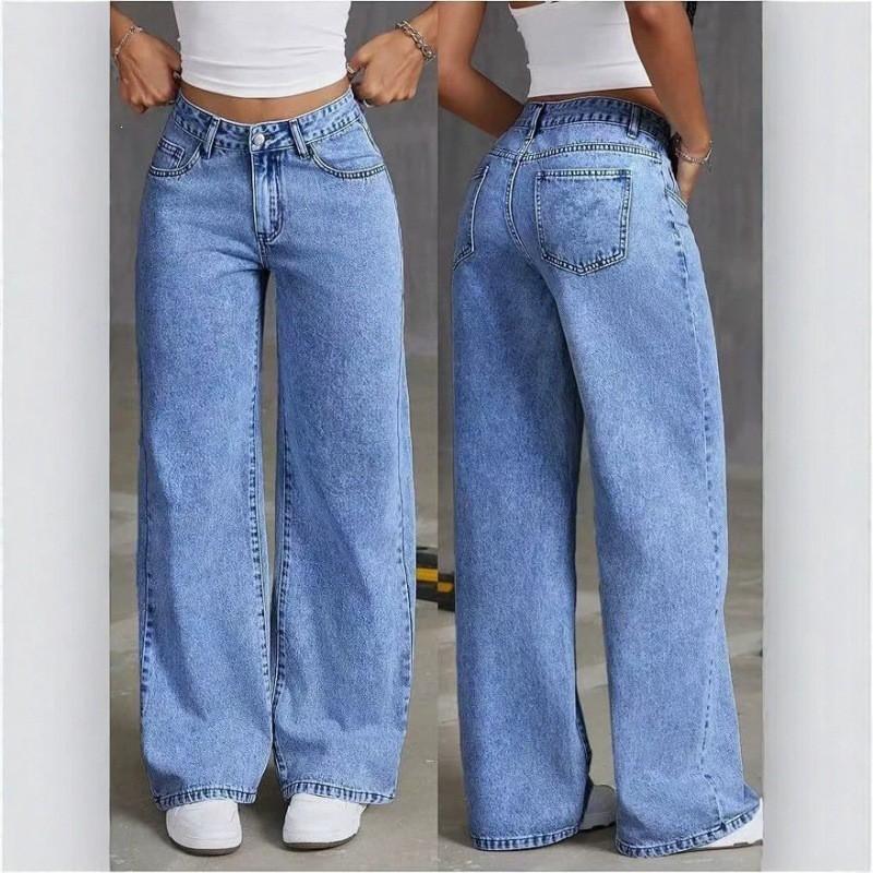 High-Waisted Straight Leg Wide Fit Denim Pants Women - Casual Loose Trousers Plus Size Up To 5XL