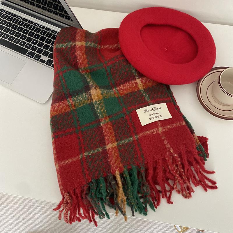 2024 Red Plaid New Year Scarf: High-End Christmas Style, Warm Retro Shawl Neck Warmer for Women and Students