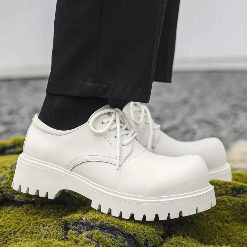 Thick Sole Casual Genuine Leather Dress Shoes Men Platform Heighten Japan Harajuku Korean Streetwear Fashion Shoes for Men White