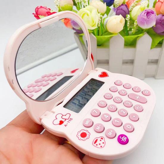 Cat Calculator with Makeup Mirror 8-Digit Display Soft Rubber Buttons Bright Color