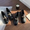 Shoes For Women Metal Chain Oxford Woman New Slip On Square Heel Platform Shoe Round Toe Solid Leather Casual Loafers