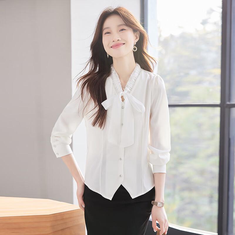 Troloman Women s V-Neck Bow Tie Long Sleeve Blouse L