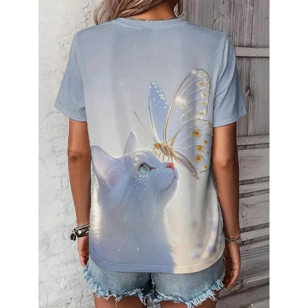 Summer Round Neck Cat Pattern 3D Print Top Fashionable Casual Short Sleeved Women's T-shirts
