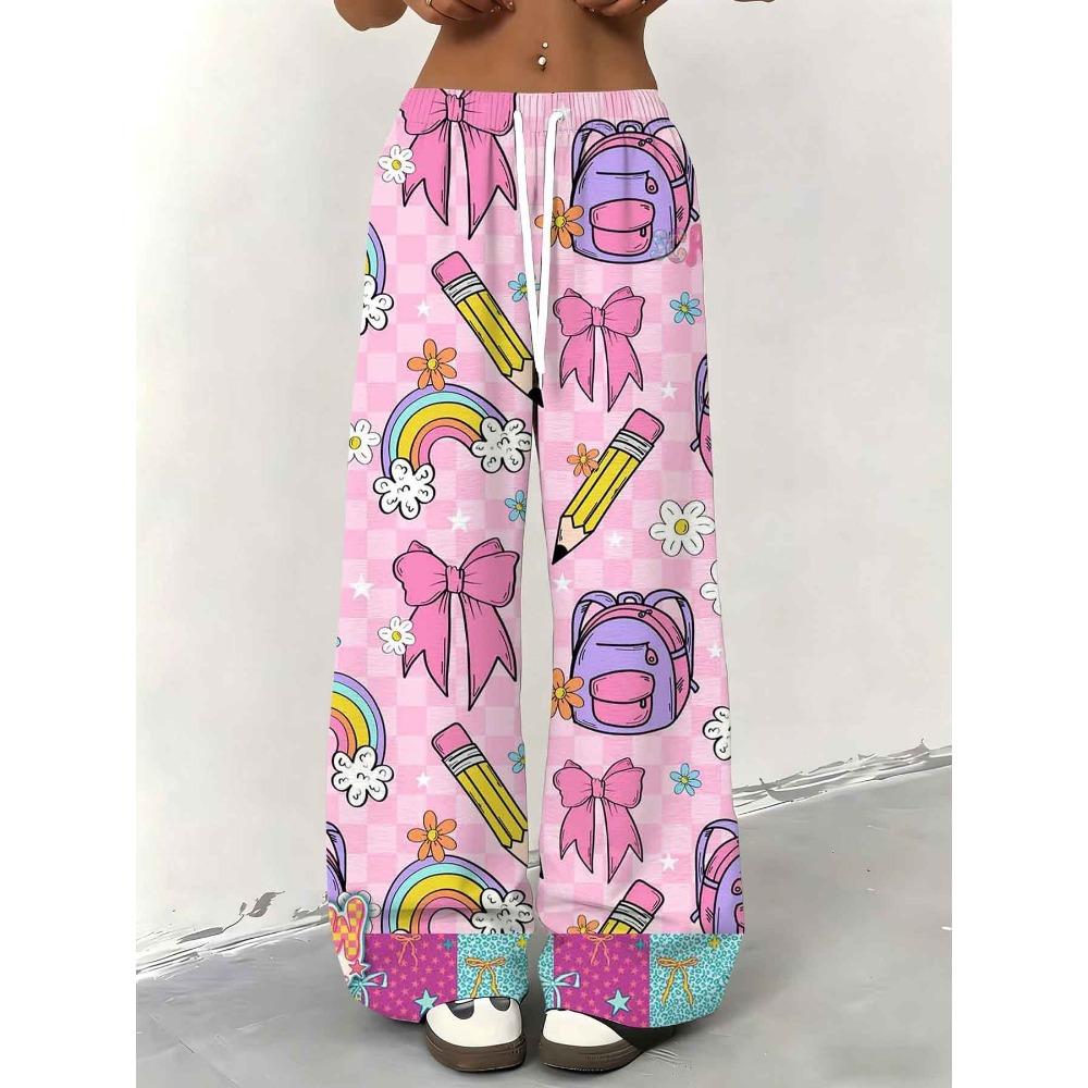 Women's elastic drawstring wide-leg trousers, pink grid bow, rainbow schoolbag, cartoon full print casual home pants