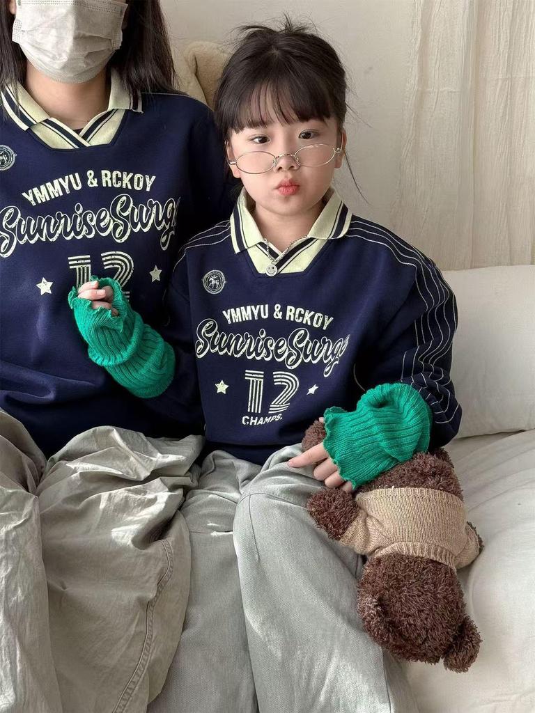 Korean Style Family Matching Autumn V-Neck Sweatshirts: Color Block for Mother-Son or Mother-Daughter