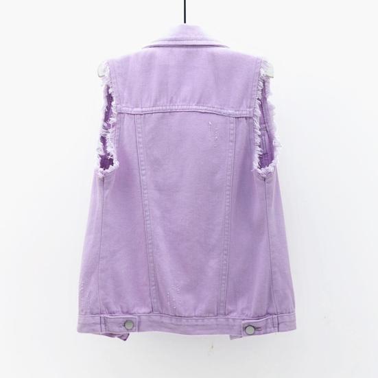 Lapel Sleeveless Single Breasted Flap Pockets Women Waistcoat Candy Color Ripped Holes Denim Vest Coat Streetwear