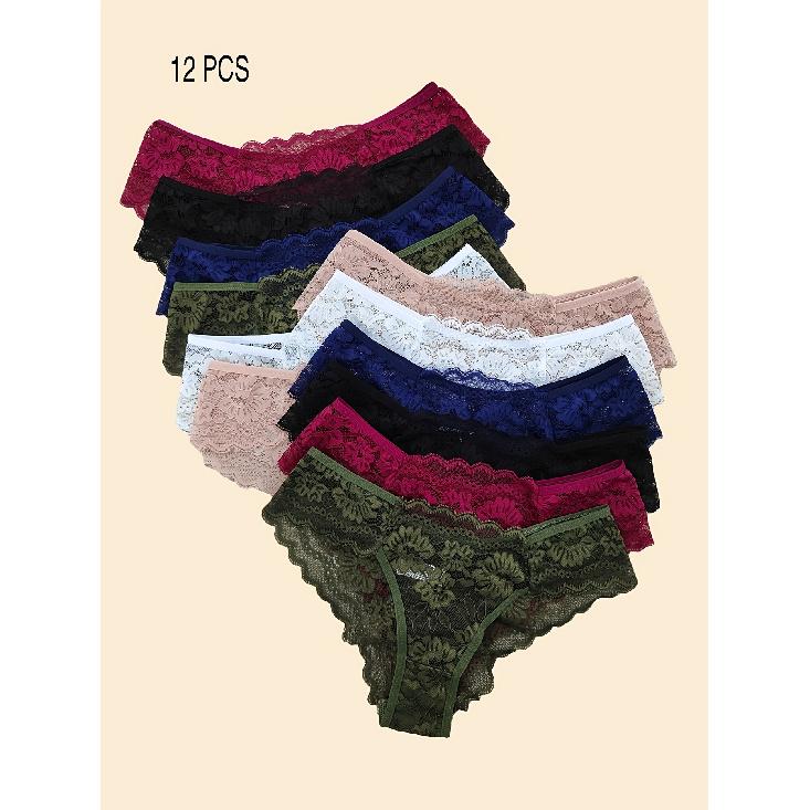 

высококачественный набор из 12 женских трусиков-бикини с низкой посадкой - отделка цветочным кружевом и контрастный дизайн в виде волны, эластичные полупрозрачные трусики разных цветов XL