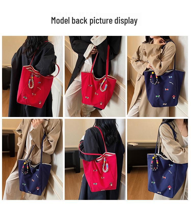 Women's Nylon Cartoon Puppy Embroidery Single Shoulder Tote Bag with Pendant, Striped Double-Sided Design