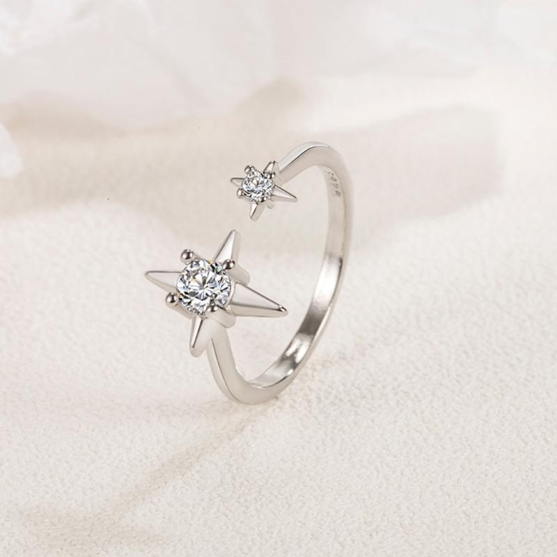 Sweet Cool Temperament Four-star Light Zircon Open Ring Cold Wind Simple Niche Design Rhinestones Ring for Women Girls