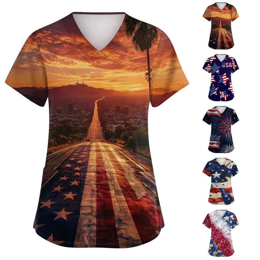 Women's Fashionable Casual Independence Day American Flag And Stars Print V-neck Short-Sleeved Work Shirt With Double Side Slits And Pockets