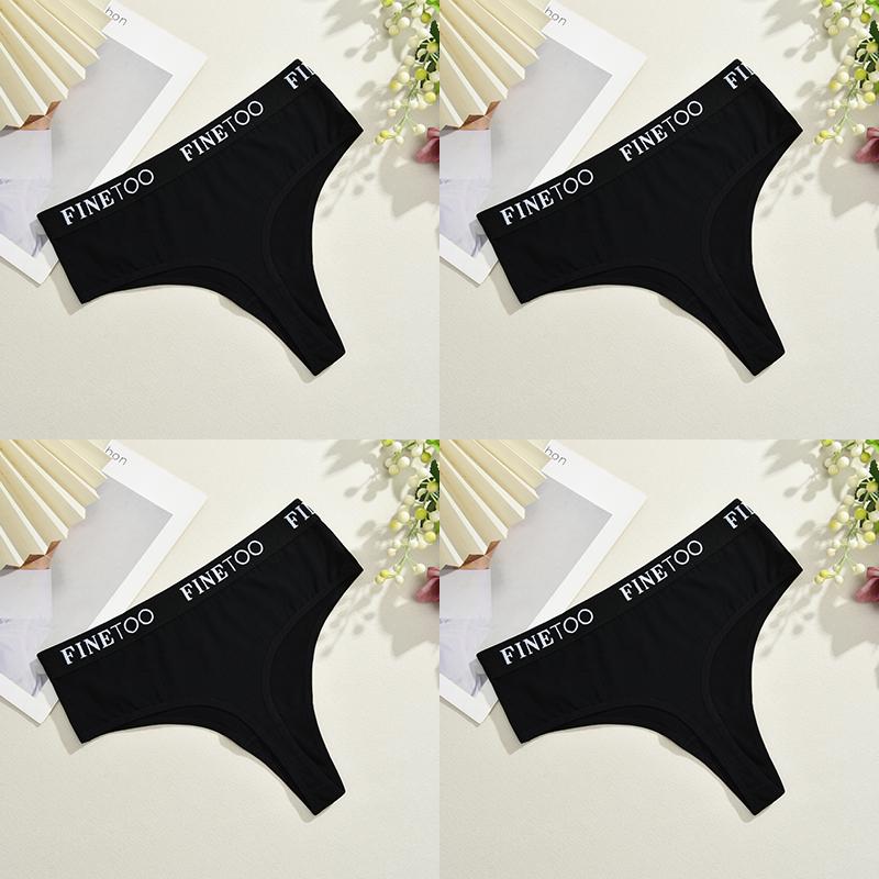 FINETOO 4Pcs Women Cotton Thongs Panties Female Ribbed High Rise G-String Ladies Sexy Bikini 6 Solid Color Girl Soft Intimates