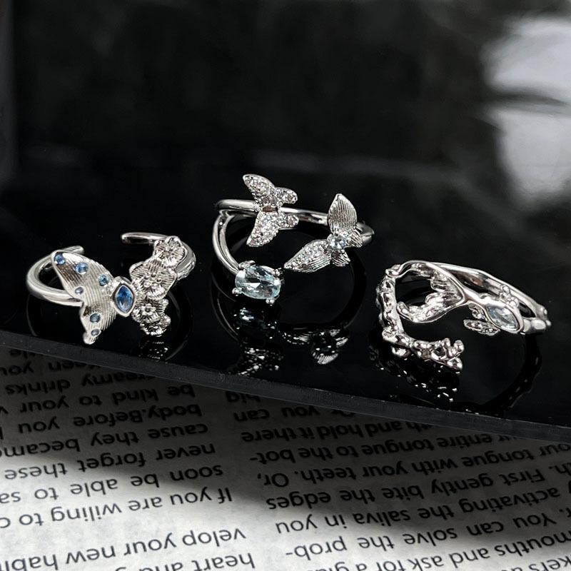 Stacked Wind Butterfly Blue Diamond Personalized Butterfly Wing Fog Blue Advanced Sense Opening Ring Female Neutral Wind Simple Versatile Ring