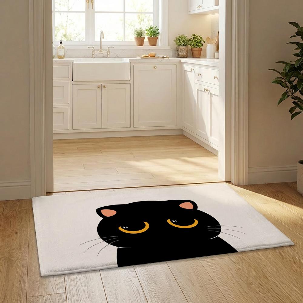 Cartoon Cute Black Cat Kawaii Floor Mat Flannel Door Mat Non-Slip Bedroom Living Room Home Decor