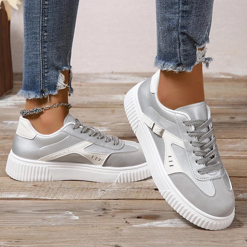 Fashion Spring New Thick Sole Women's Vulcanize Shoes Casual Womens Lace-Up White Flats Shoes Comfortable Wear-Resistant Ladies Sneakers
