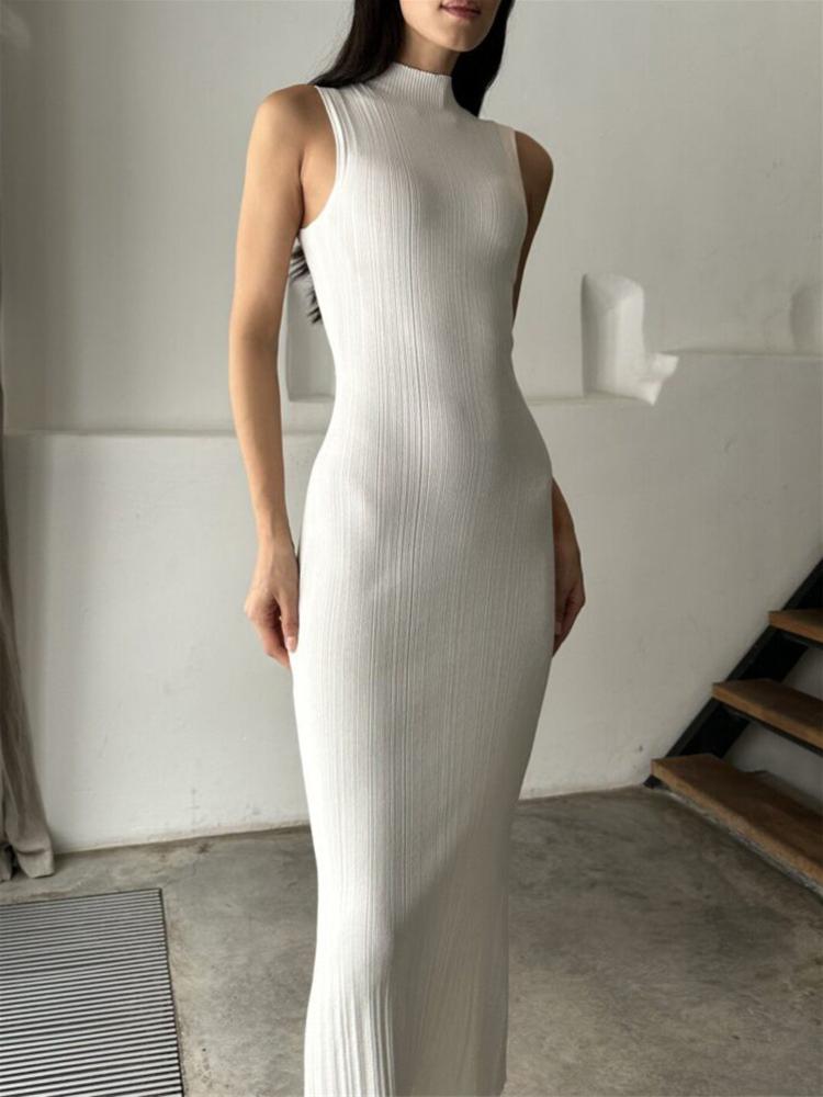 Elegant High Collar Sleeveless Knitted Dress for Autumn/Winter