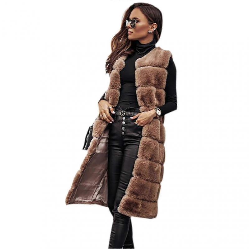 Women's Winter Vest Coat Round Neck Fur Long Coat With Solid Color For Woman Cold Weather Wearingbest Gift For Christmas - DSW