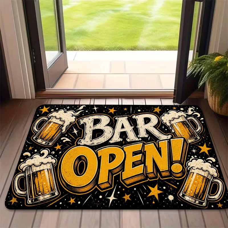 Retro Beer Bar Open Decorative Doormat for Entryway Floor Mat Home Pub Decor Multi Color Star Mug Pattern Stylish Welcome Design