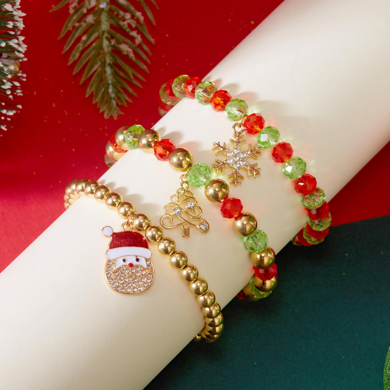 

3pcs/set Christmas Red Green Crystal Beaded Bracelets for Women Girl Santa Claus Snowflake Pendant Bracelets New Year Jewelry