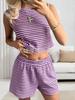 Women Striped Sleeveless Crop Top and Shorts Set Casual Knitted Two Piece Outfit