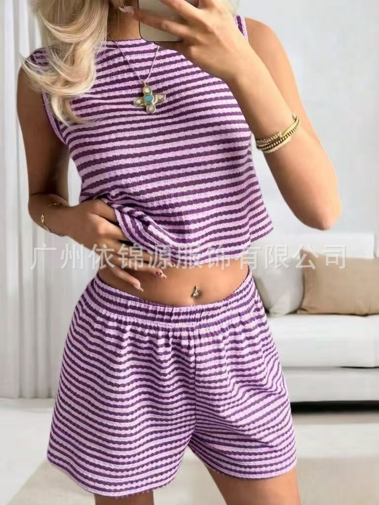 Women Striped Sleeveless Crop Top and Shorts Set Casual Knitted Two Piece Outfit