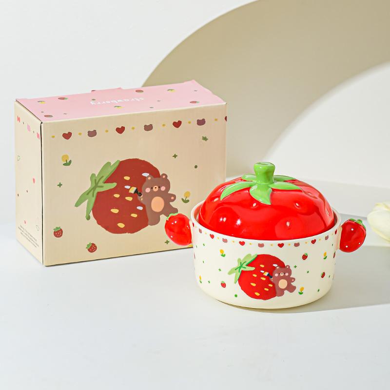 Мультяшная клубничка милая девочка миска для лапши бытовая миска для лапши быстрого приготовления керамическая двухсторонняя миска с крышкой столовая посуда подарочная миска крышка~